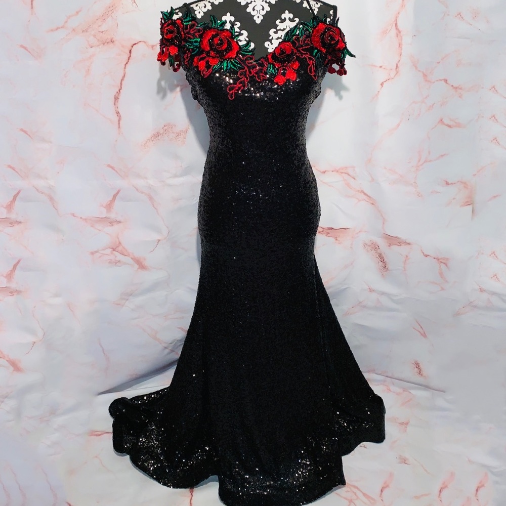 Black off the shoulder sequin rose dress